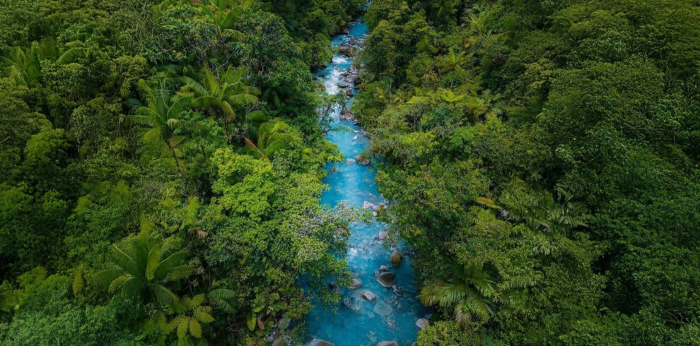 Aerial view of turquiose waters of Rio Celeste surrounded by lush green rain forest