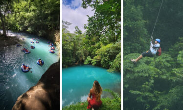Group of visitors tubing Rio Celeste; Canopying in the lush rainforest of Bijagua; Woman marveling at the color of Rio Celeste