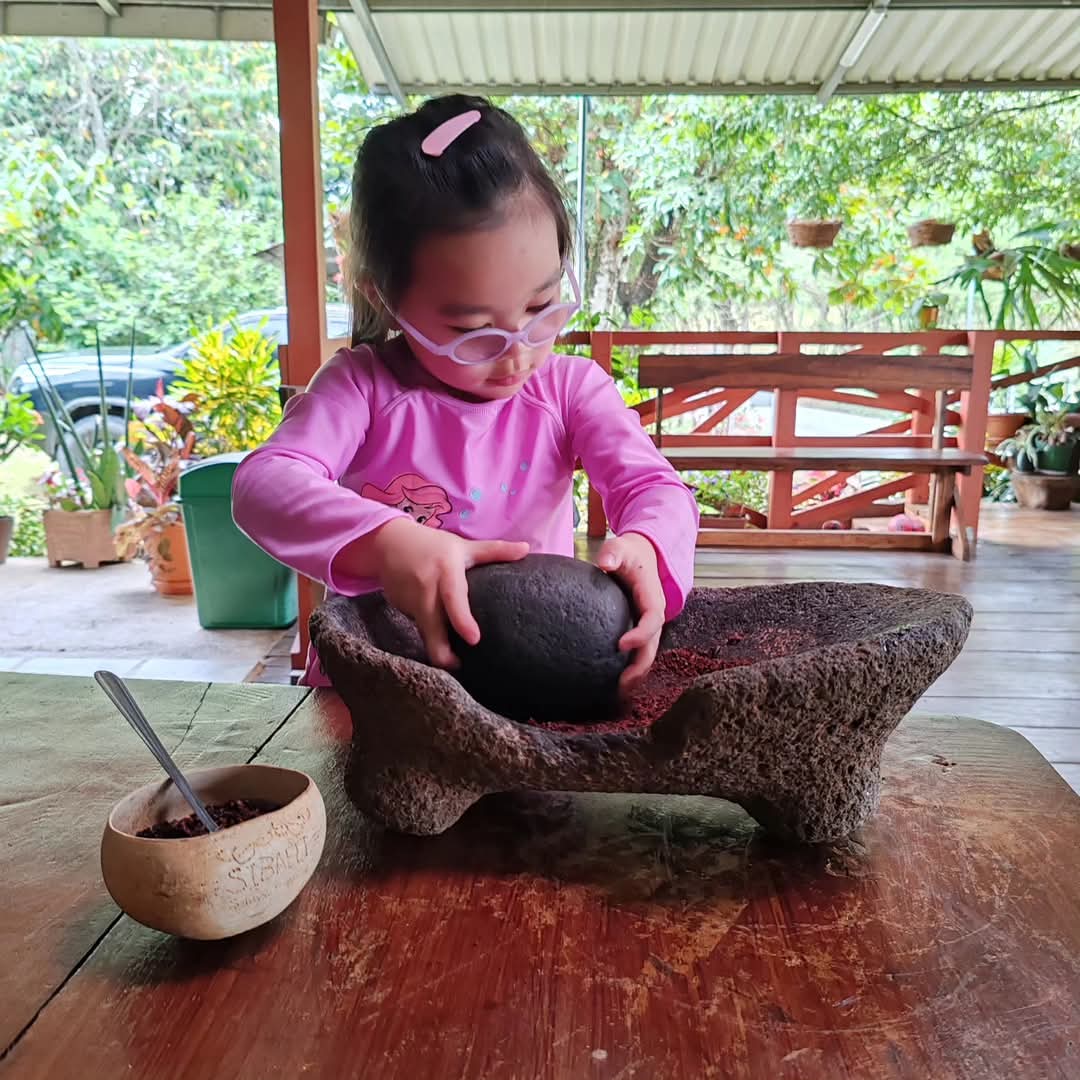Child grinds cocoa the traditional way to make chocolate